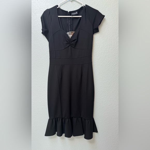 BNWT Sourpuss Sweetheart 50s pencil dress bottom ruffle sz medium black - Picture 3 of 10
